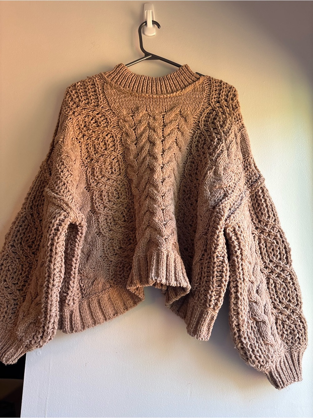 POL Mock Neck Cable Knit Chenille Sweater Camel Cropped Small